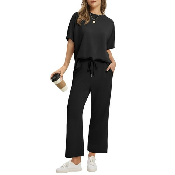 Ronuti Two Piece Sets for Women Summer Outfits Oversized Wide Leg Crop Pants Lounge Sets Airport Beach Vacation Clothes