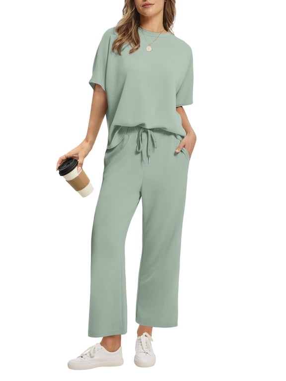 Two Piece Sets for Women Summer Outfits Oversized Wide Leg Crop Pants Lounge Sets Airport Beach Vacation Clothes