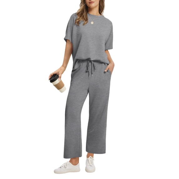 Ronuti Two Piece Sets for Women Summer Outfits Oversized Wide Leg Crop Pants Lounge Sets Airport Beach Vacation Clothes