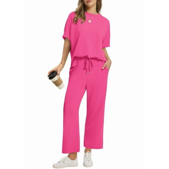 Ronuti Two Piece Sets for Women Summer Outfits Oversized Wide Leg Crop Pants Lounge Sets Airport Beach Vacation Clothes
