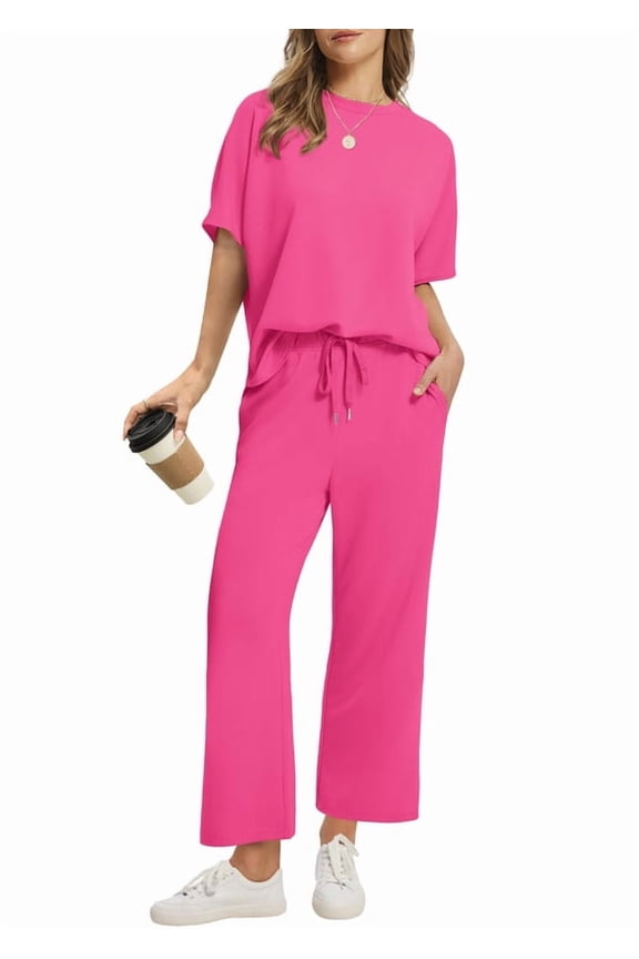 Two Piece Sets for Women Summer Outfits Oversized Wide Leg Crop Pants Lounge Sets Airport Beach Vacation Clothes