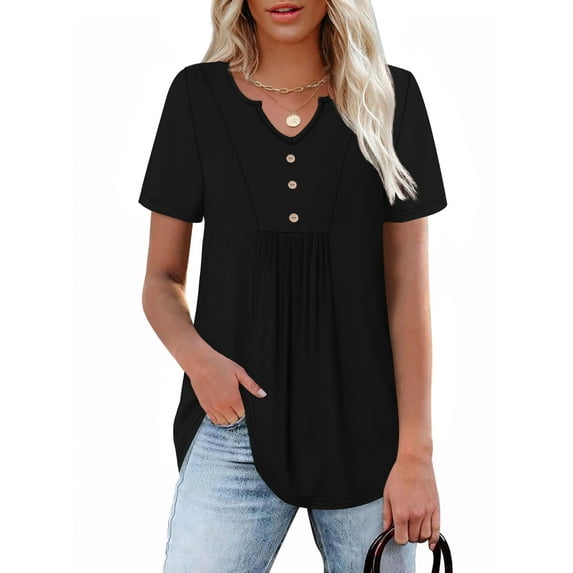 Ronuti Women Summer Tops Short Sleeve Shirts V Neck Button Dressy Casual Pleated Blouses Fashion Outfits