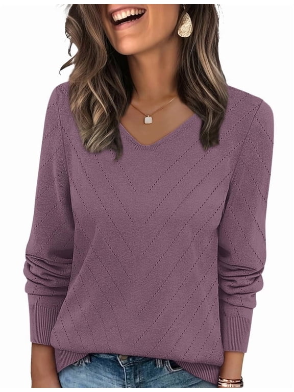 Sweaters for Women V Neck Long Sleeve Casual Fall Tops Crochet Knit Lightweight Pullover Fashion Clothes 2026