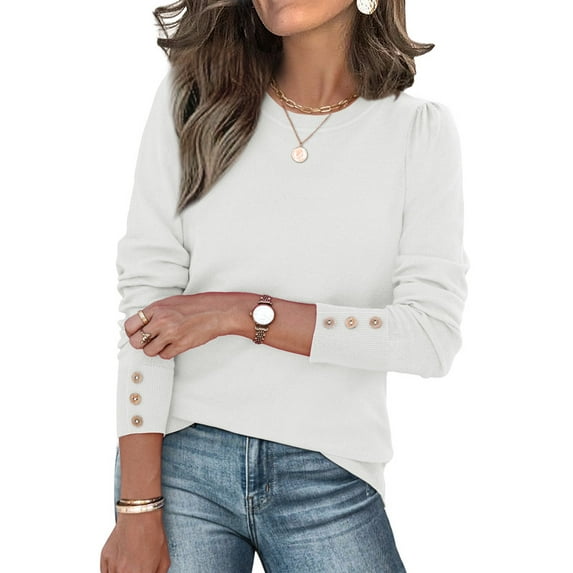 Ronuti 2025 Autumn Women's Round Neck Long Sleeve Button Sleeve Casual Loose Knitted Solid Color Soft Round Neck Sweater Top