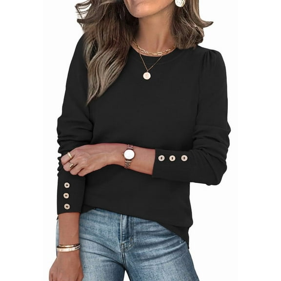 Ronuti 2025 Autumn Women's Round Neck Long Sleeve Button Sleeve Casual Loose Knitted Solid Color Soft Round Neck Sweater Top