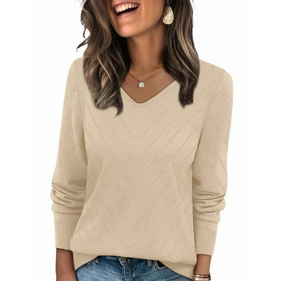Ronuti Sweaters for Women V Neck Long Sleeve Casual Fall Tops Crochet Knit Lightweight Pullover Fashion Clothes 2026