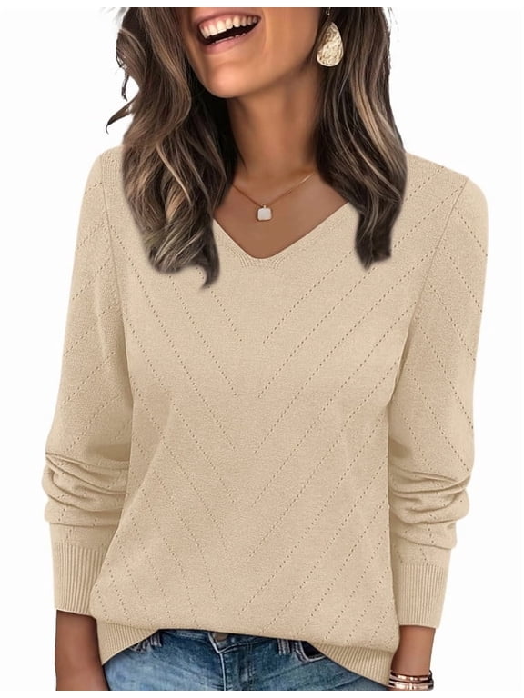 Sweaters for Women V Neck Long Sleeve Casual Fall Tops Crochet Knit Lightweight Pullover Fashion Clothes 2026