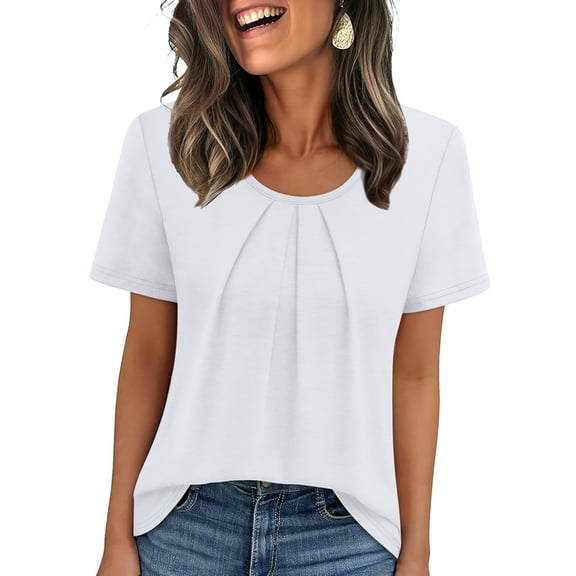 Ronuti Women T Shirts Pleated Short Sleeve Tops Business Casual Dressy Blouses White Tops