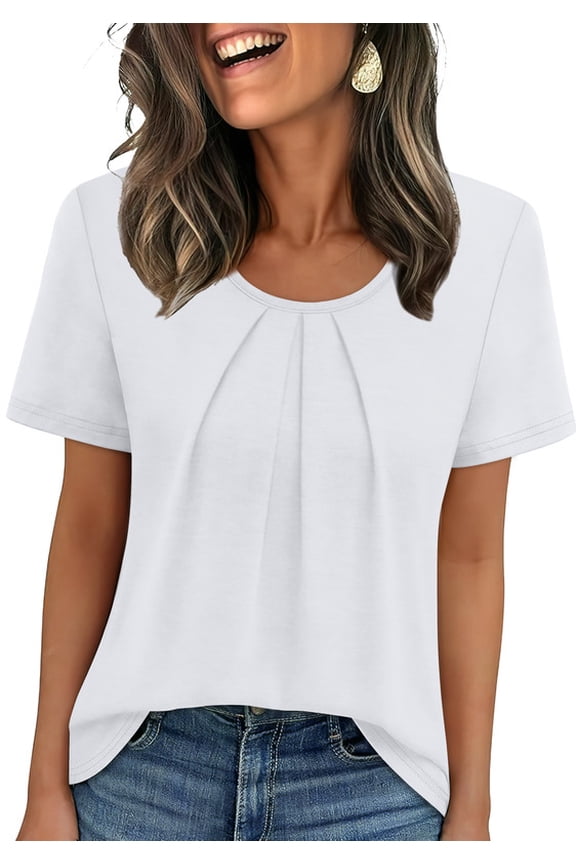 Women T Shirts Pleated Short Sleeve Tops Business Casual Dressy Blouses White Tops
