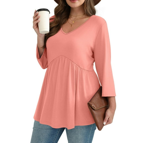 Ronuti 3/4 Length Sleeve Womens Tops 2025 Blouses for Women Dressy Casual Fashion Clothing V Neck Babydoll Tops Fall Outfits