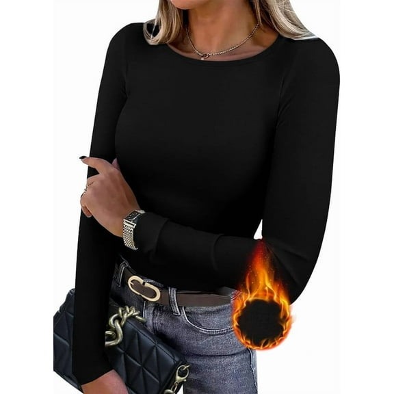 Ronuti Long Sleeve Thermal Shirt for Women Light Fleece Tops Spring 2025 Crew Neck Casual Basic T-Shirts