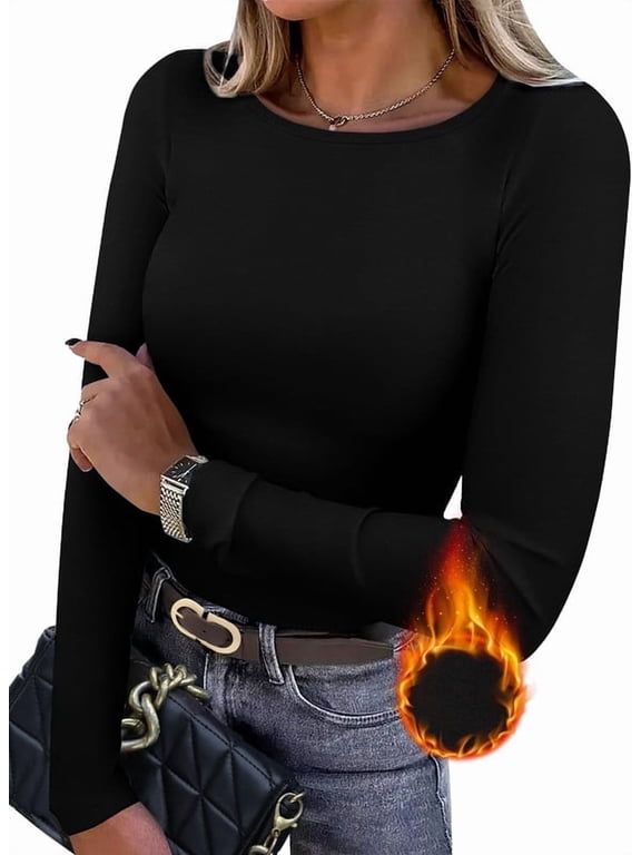 Long Sleeve Thermal Shirt for Women Light Fleece Tops Spring 2025 Crew Neck Casual Basic T-Shirts