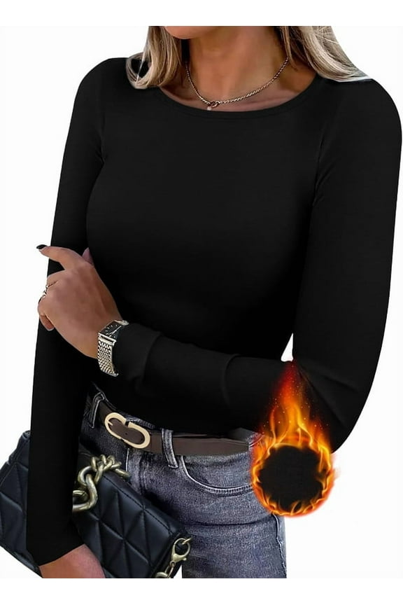 Long Sleeve Thermal Shirt for Women Light Fleece Tops Spring 2025 Crew Neck Casual Basic T-Shirts