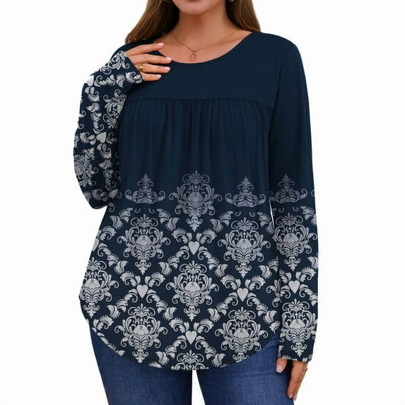 Ronuti Womens Plus Size Tops Fall Long Sleeve Shirts Crew Neck Casual Loose Tunic Blouses
