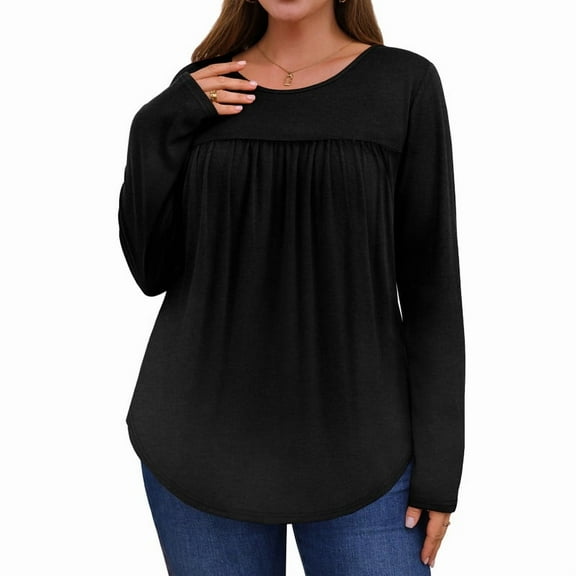 Ronuti Womens Plus Size Tops Fall Long Sleeve Shirts Crew Neck Casual Loose Tunic Blouses