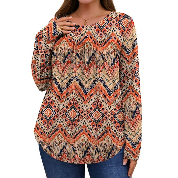 Ronuti Womens Plus Size Tops Fall Long Sleeve Shirts Crew Neck Casual Loose Tunic Blouses