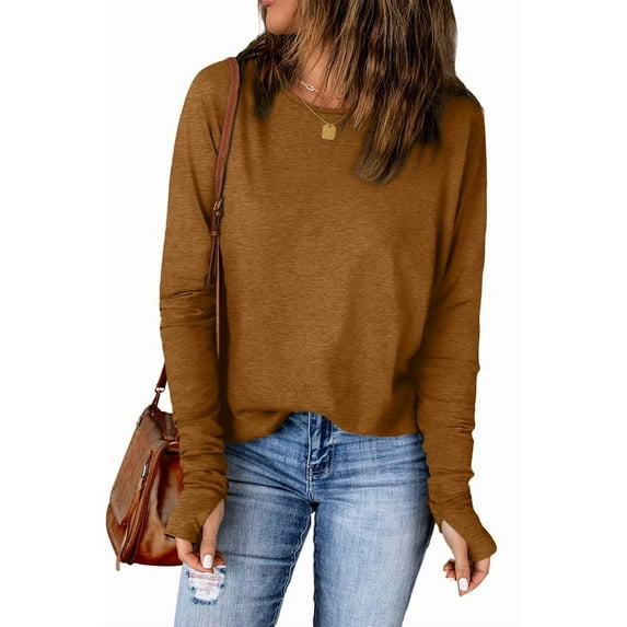 Ronuti Long Sleeve Shirts for Women Tunic Tops Thumb Hole Oversized Tshirts Fall Outfits