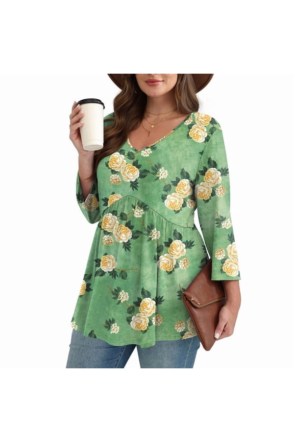 3/4 Length Sleeve Womens Tops 2025 Blouses for Women Dressy Casual Fashion Clothing V Neck Babydoll Tops Fall Outfits