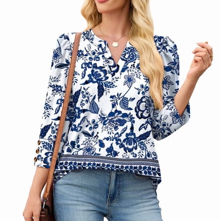 Ronuti Womens Tops 3/4 Length Sleeve With Button Cuffs Blouses Dressy Casual V Neck Summer Outfits Early Fall Fashion Clothes 2025