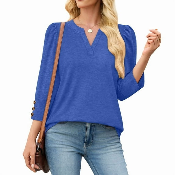 Ronuti Womens Tops 3/4 Length Sleeve With Button Cuffs Blouses Dressy Casual V Neck Summer Outfits Early Fall Fashion Clothes 2025