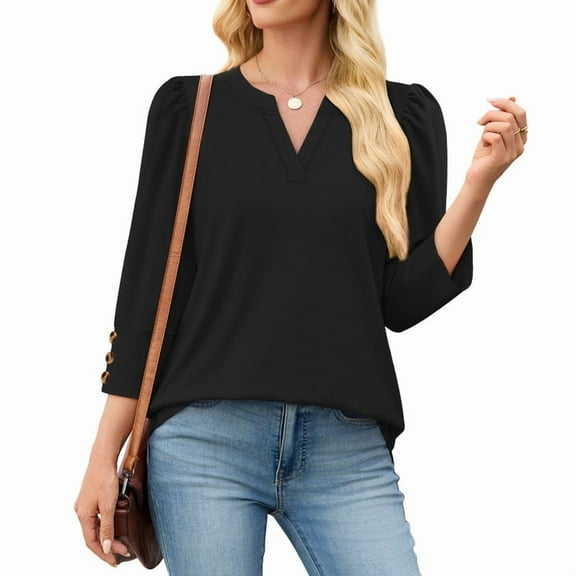 Ronuti Womens Tops 3/4 Length Sleeve With Button Cuffs Blouses Dressy Casual V Neck Summer Outfits Early Fall Fashion Clothes 2025