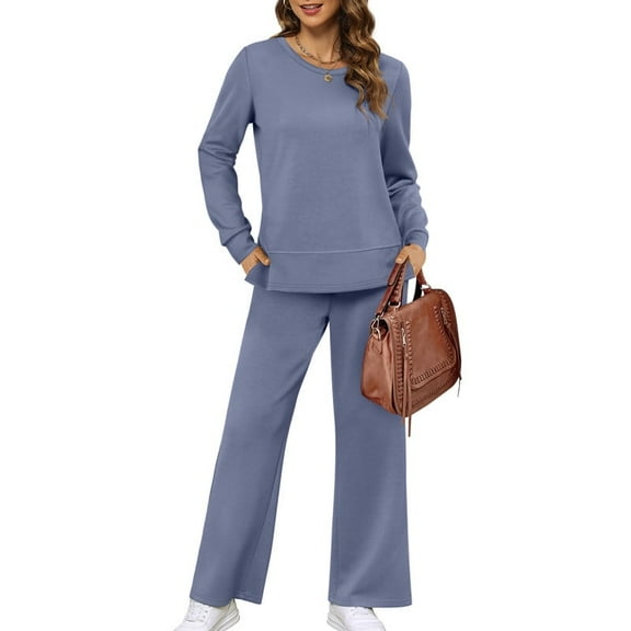 Ronuti Women's 2 Piece Lounge Sets Side Slit Sweatshirt Wide Leg Tracksuit Comfy Cozy Loungewear Casual Travel Fashion Sweatsuit