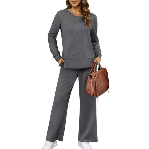 Ronuti Women's 2 Piece Lounge Sets Side Slit Sweatshirt Wide Leg Tracksuit Comfy Cozy Loungewear Casual Travel Fashion Sweatsuit