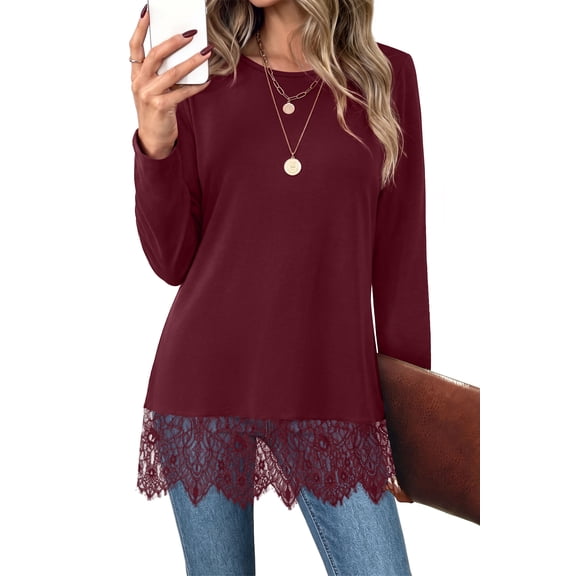 Ronuti Women's Long Sleeve Shirt Lace Tunic Tops Fall Fashion Clothing Burgundy