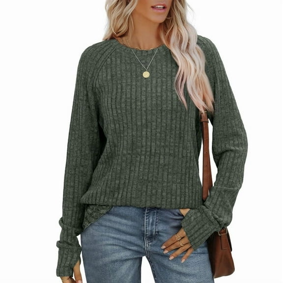 Ronuti Women's Long Sleeve Top Crewneck Basic Lightweight Fall Shirt with Thumb Hole