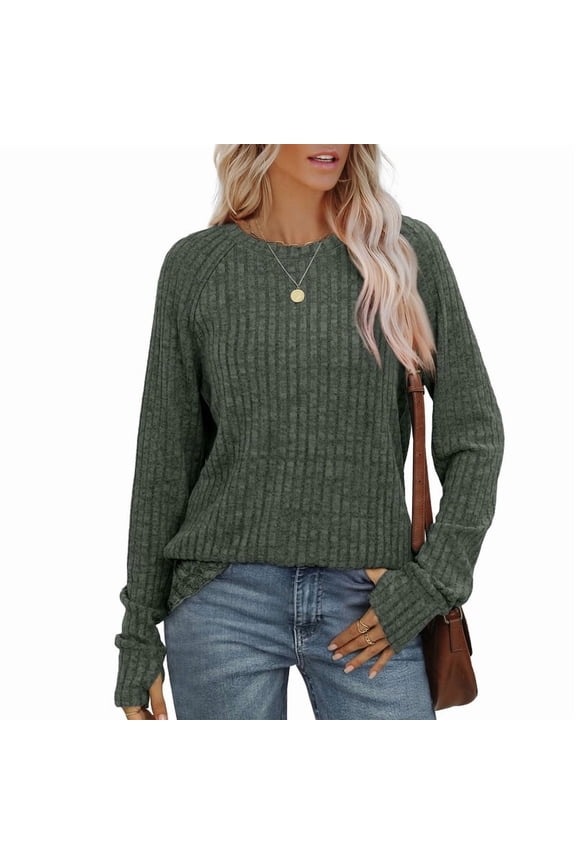 Women's Long Sleeve Top Crewneck Basic Lightweight Fall Shirt with Thumb Hole