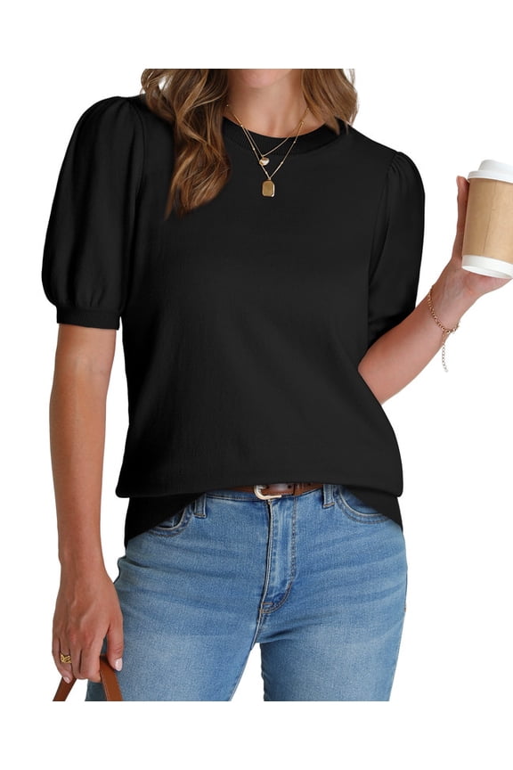Women's Puff Short Sleeve Sweater Tops 2026 Summer Fall Trendy Knit Crew Neck Casual T Shirts Blouses
