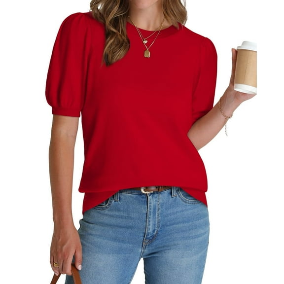 Ronuti Women's Puff Short Sleeve Sweater Tops 2026 Summer Fall Trendy Knit Crew Neck Casual T Shirts Blouses