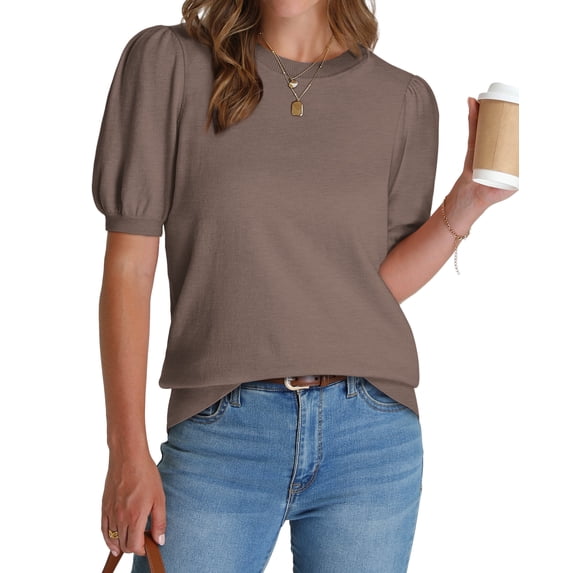 Ronuti Women's Puff Short Sleeve Sweater Tops 2026 Summer Fall Trendy Knit Crew Neck Casual T Shirts Blouses