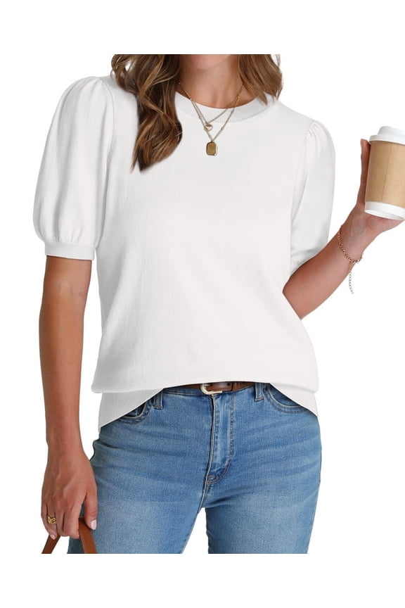 Women's Puff Short Sleeve Sweater Tops 2026 Summer Fall Trendy Knit Crew Neck Casual T Shirts Blouses