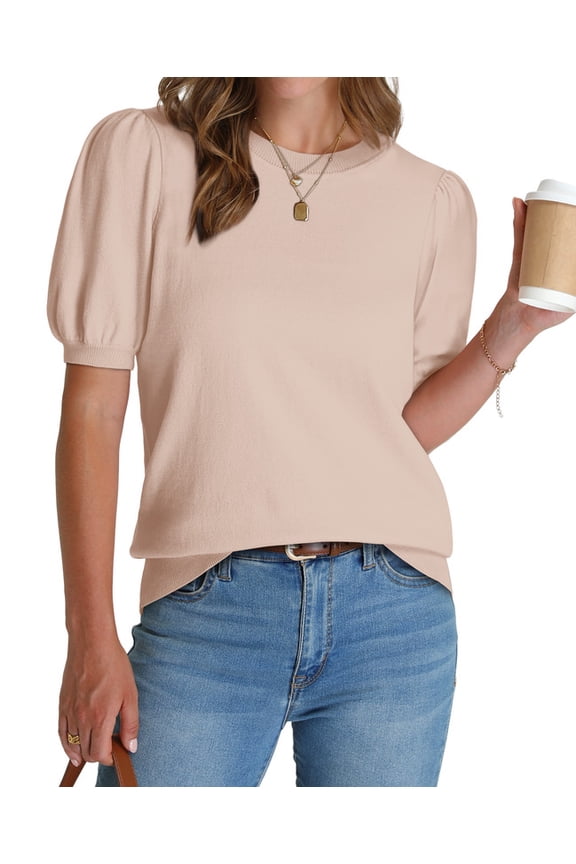 Women's Puff Short Sleeve Sweater Tops 2026 Summer Fall Trendy Knit Crew Neck Casual T Shirts Blouses