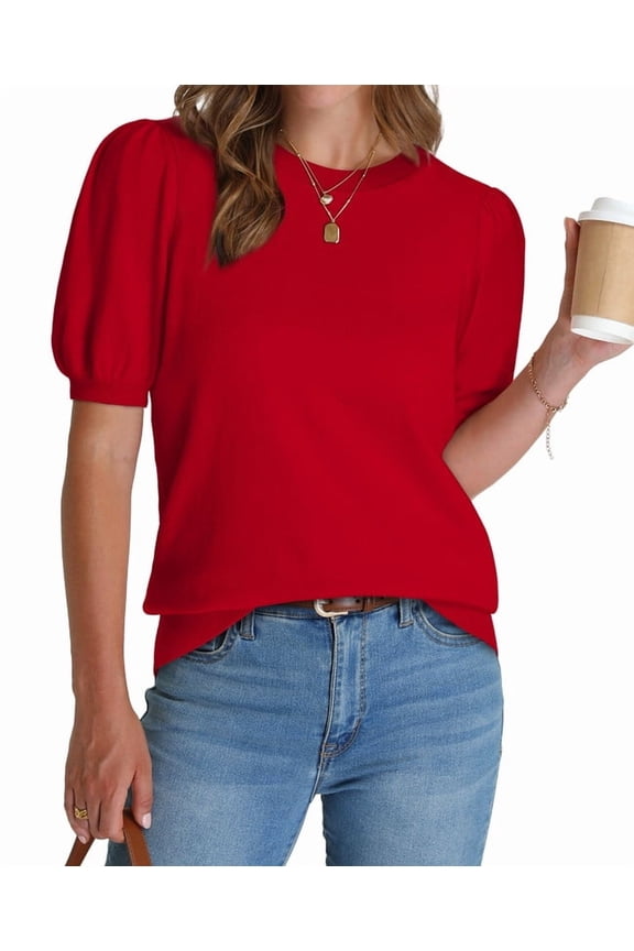 Women's Puff Short Sleeve Sweater Tops 2026 Summer Fall Trendy Knit Crew Neck Casual T Shirts Blouses