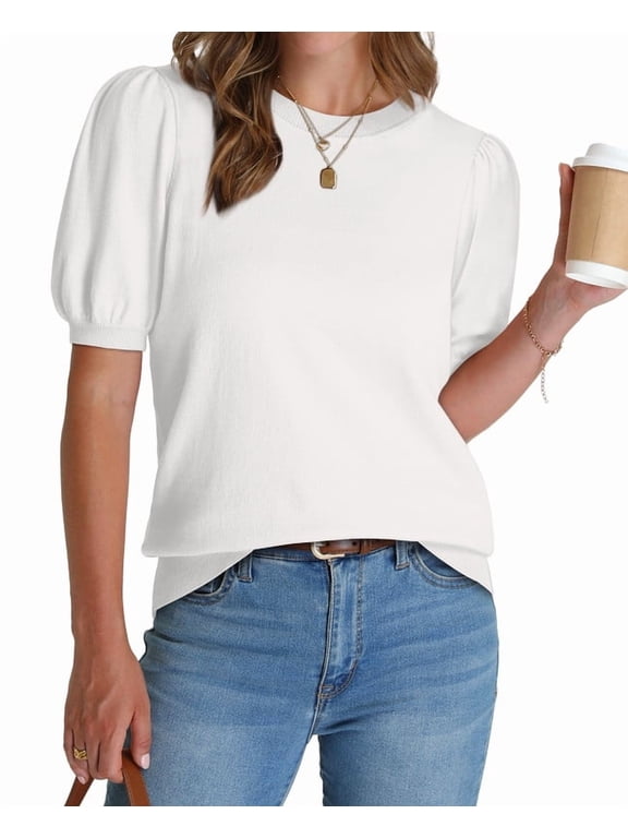 Women's Puff Short Sleeve Sweater Tops 2026 Summer Fall Trendy Knit Crew Neck Casual T Shirts Blouses