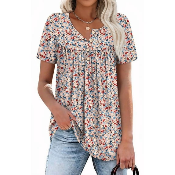 Ronuti Women's Summer Button-Down Tunic Top - Adjustable Neckline Short Sleeve Shirt for Beach & Office (M-3XL)