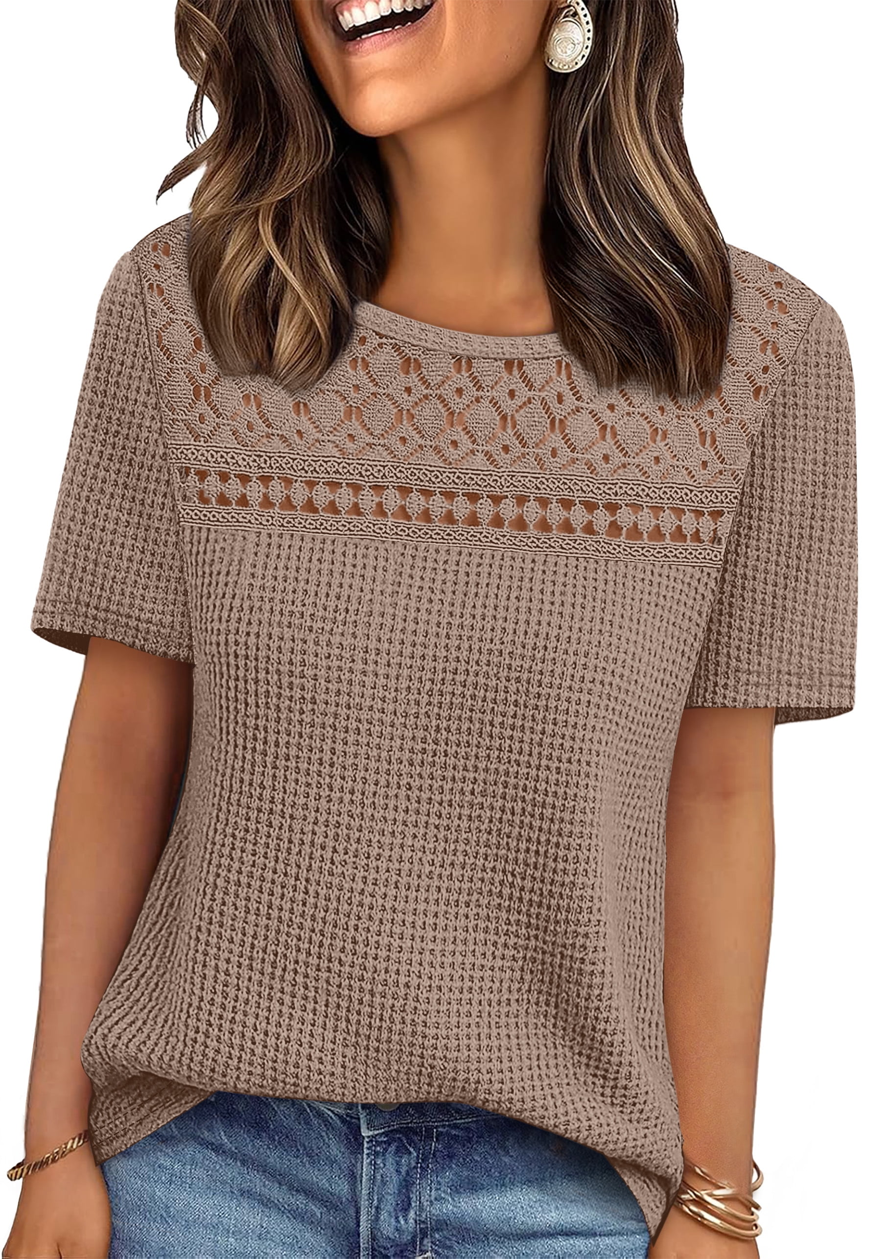 Women's Tops Casual Scoop Neck Short Sleeve Waffle Knit Hollow Out Shirts Loose Tunic Tops Blouses