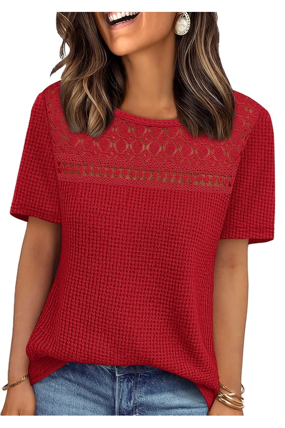 Women's Tops Casual Scoop Neck Short Sleeve Waffle Knit Hollow Out Shirts Loose Tunic Tops Blouses