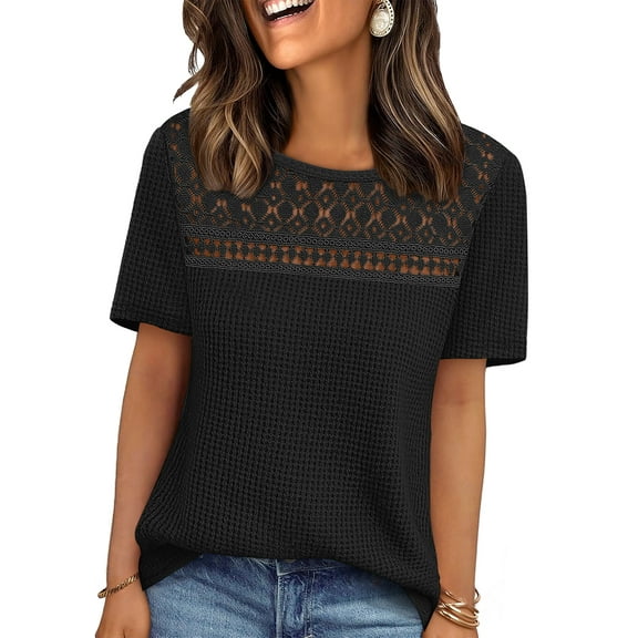 Ronuti Women's Tops Casual Scoop Neck Short Sleeve Waffle Knit Hollow Out Shirts Loose Tunic Tops Blouses