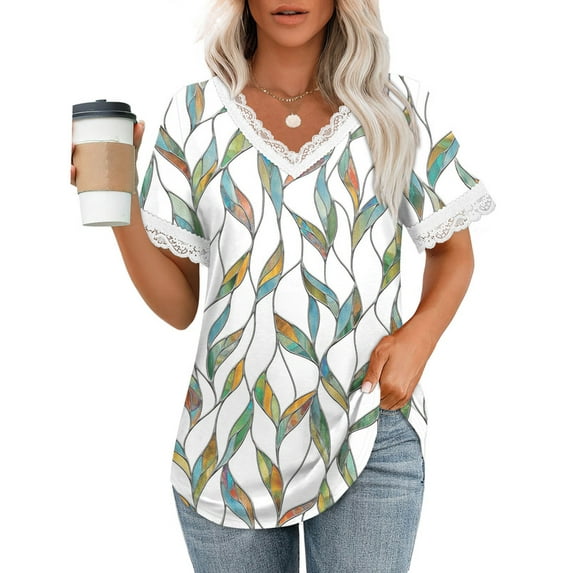 Ronuti Women's V-Neck Lace Trim T-Shirt - Elegant Short Sleeve Blouse for Summer