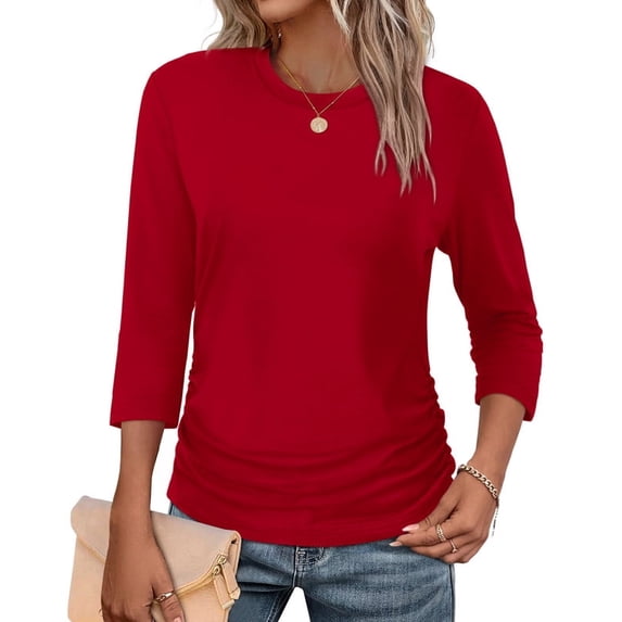Ronuti Womens 3/4 Length Sleeve Tops Crewneck Ruched Summer Shirts 2026 Business Casual Outfits Blouses Spring Clothes Red Tops