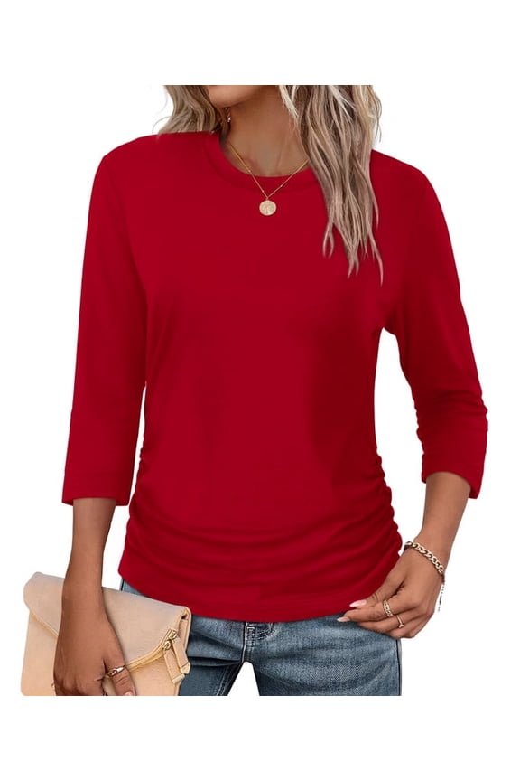 Womens 3/4 Length Sleeve Tops Crewneck Ruched Summer Shirts 2026 Business Casual Outfits Blouses Spring Clothes Red Tops
