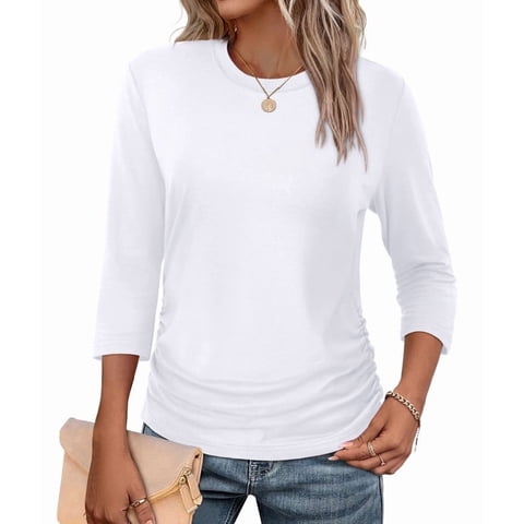 Womens 3/4 Length Sleeve Tops Crewneck Ruched Summer Shirts 2026 Business Casual Outfits Blouses Spring Clothes White Tops