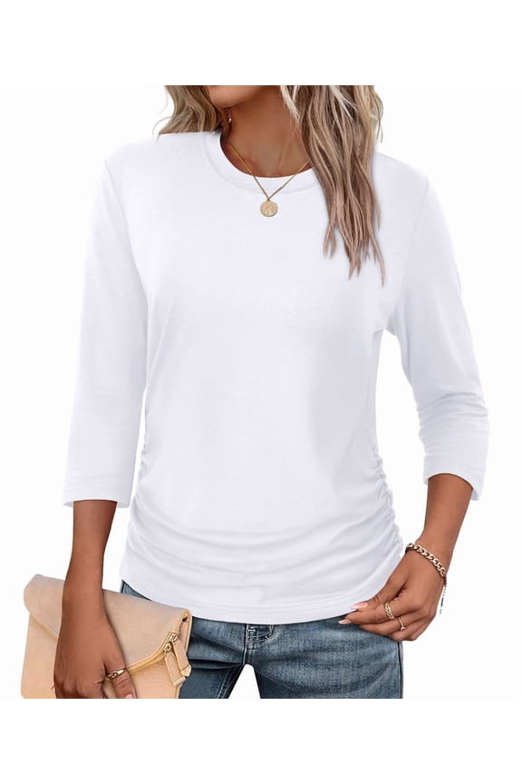 Womens 3/4 Length Sleeve Tops Crewneck Ruched Summer Shirts 2026 Business Casual Outfits Blouses Spring Clothes White Tops
