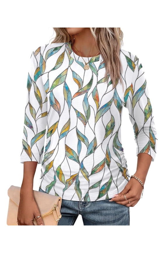 Womens 3/4 Length Sleeve Tops Crewneck Ruched Summer Shirts 2026 Business Casual Outfits Blouses Spring Clothes