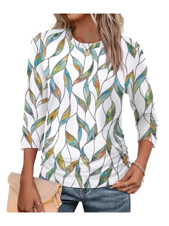 Womens 3/4 Length Sleeve Tops Crewneck Ruched Summer Shirts 2026 Business Casual Outfits Blouses Spring Clothes