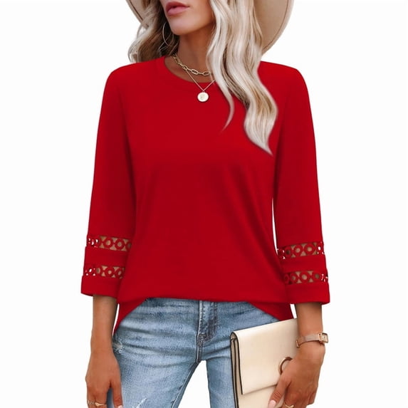 Ronuti Womens 3/4 Sleeve Tops Ladies Blouses Crew Neck T Shirts for Women Loose Fit Tunic Tops