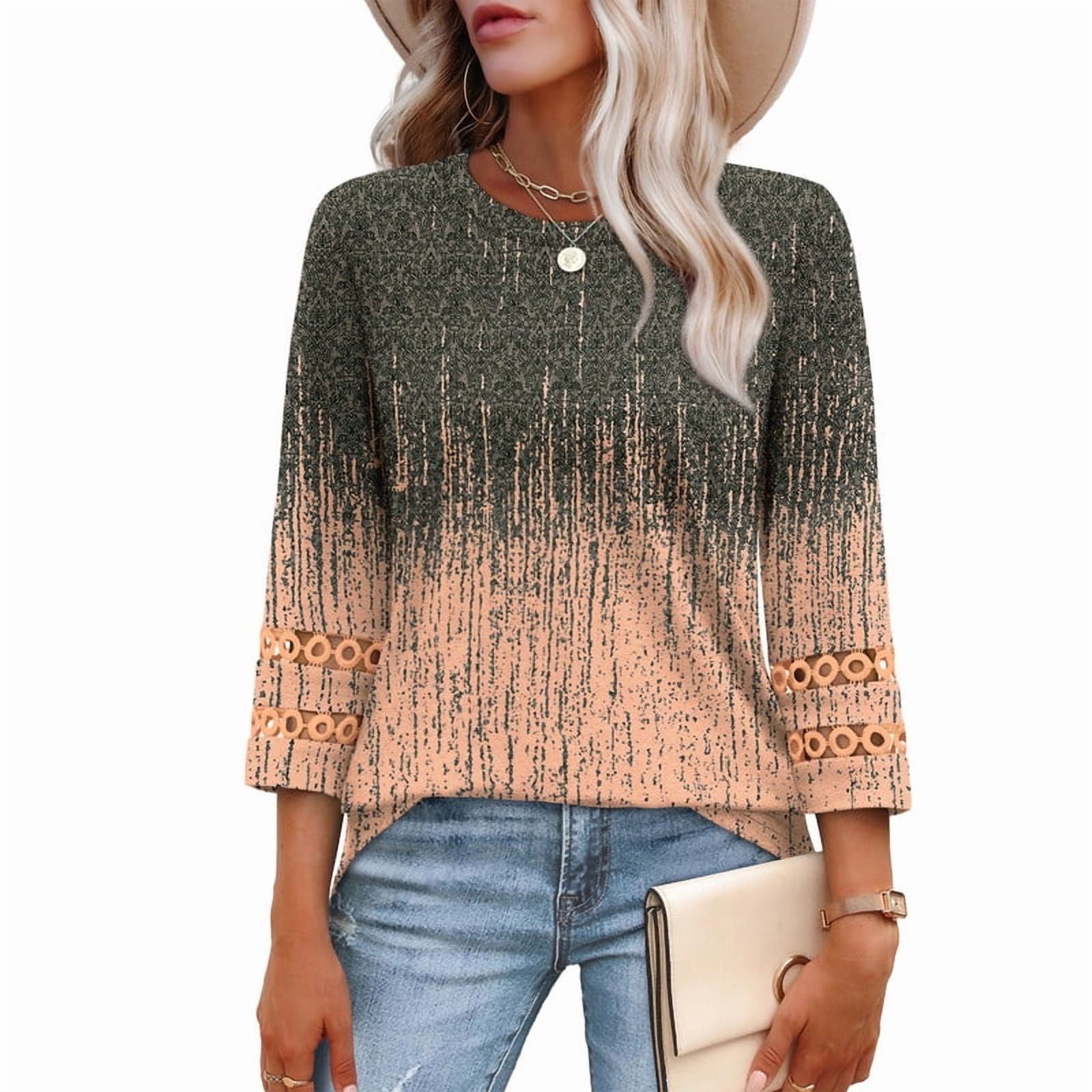 Ronuti Womens 3 4 Sleeve Tops Ladies Blouses Crew Neck T Shirts for Women Loose Fit Tunic Tops
